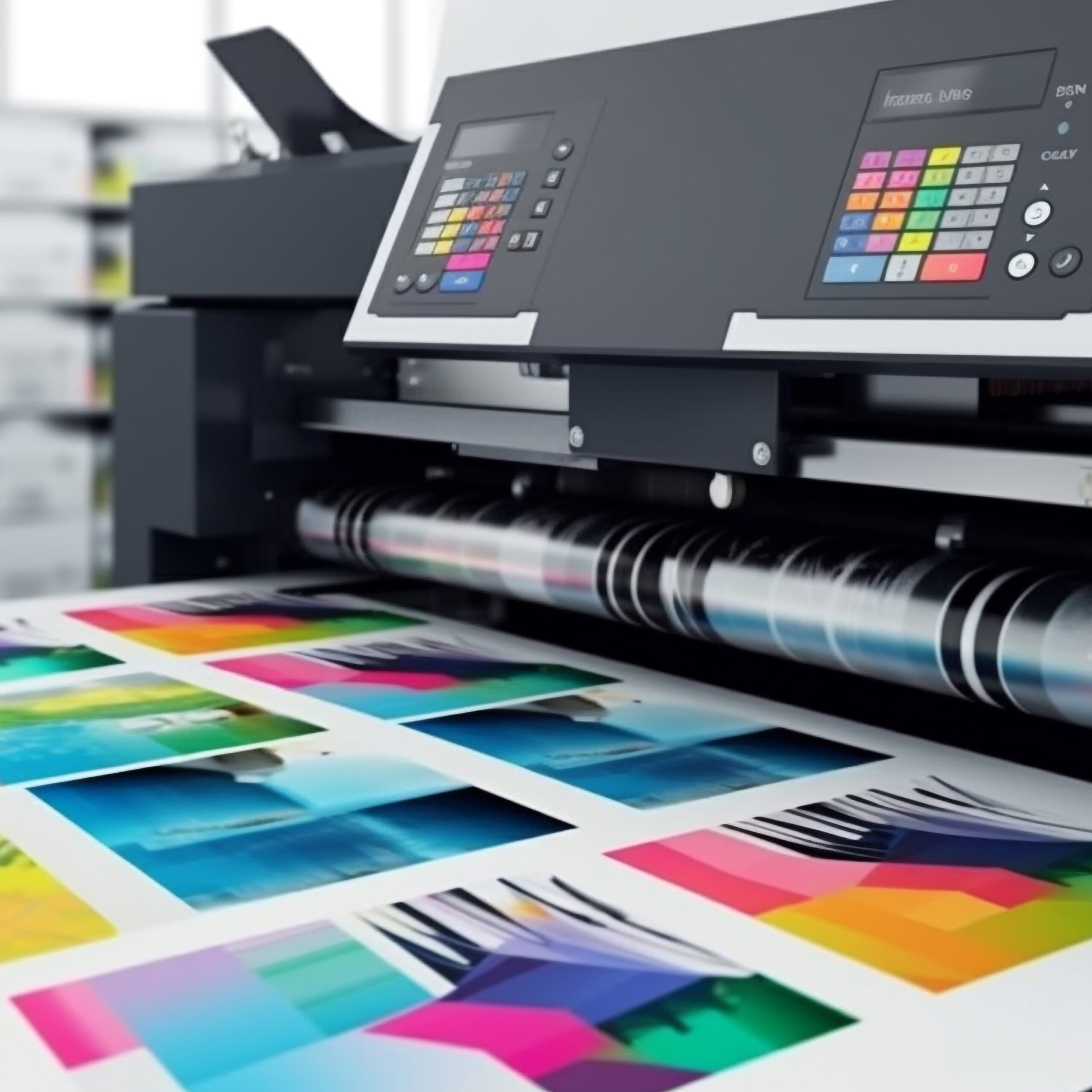 modern printing press produces multi colored printouts accurately generated by ai